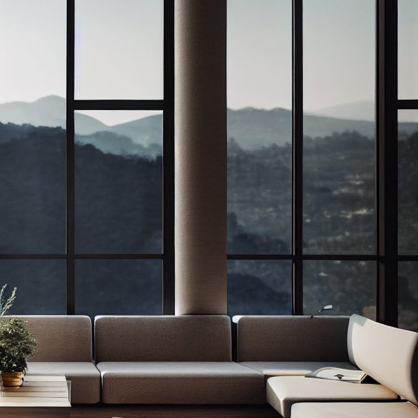 Elegant and comfortable living room.Stylish scandinavian living room with design furniture, plants, bamboo bookstand and wooden desk.The room has large windows. Looking out to see the scenery outside